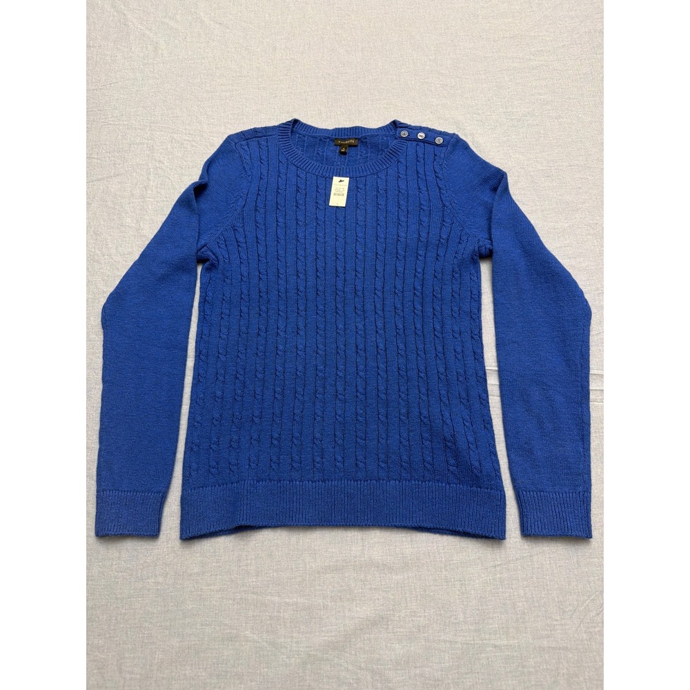 Talbots Womens Royal Blue Cable Knit Button Shoulder Crew Neck Sweater Small NWT